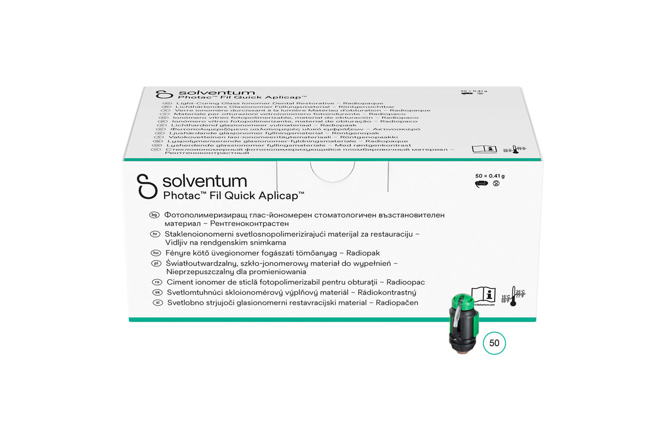 Solventum™ Photac™ Fil Quick Aplicap™ Light-Curing Glass Ionomer Dental Restorative, 61040, NP B3 - Front, Center, In and Out of Packaging (1C10)