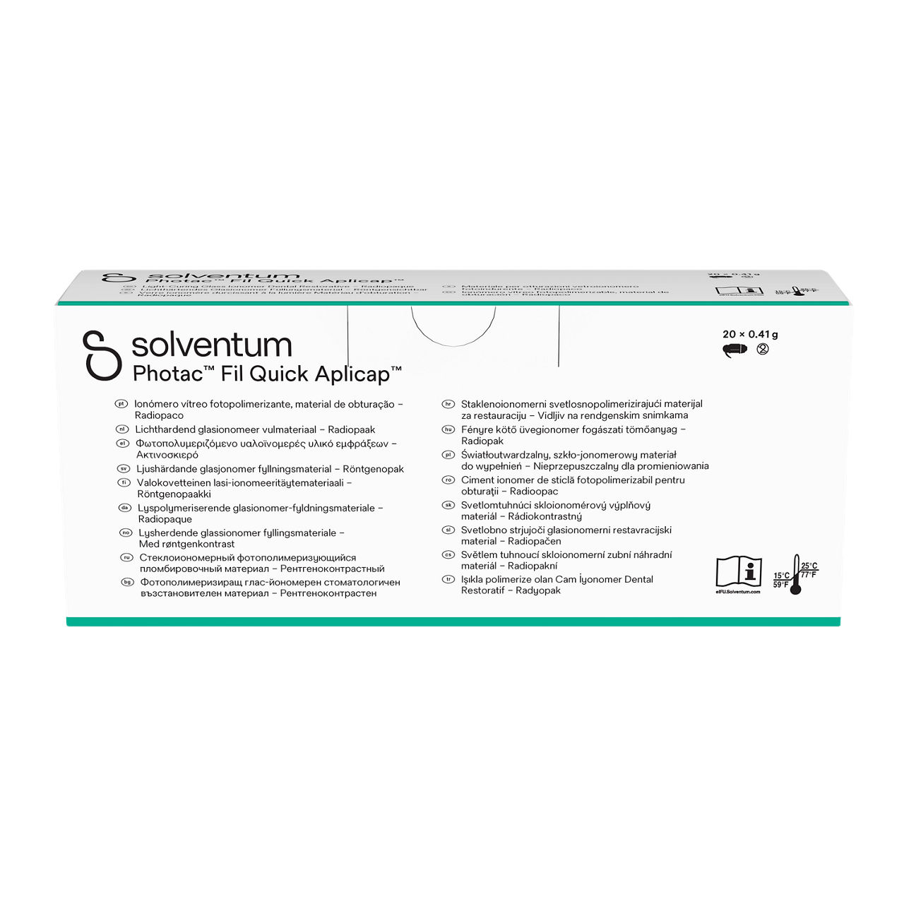 Solventum™ Photac™ Fil Quick Aplicap™ Light-Curing Glass Ionomer Dental Restorative, 61070, C4, capsule, 0.41 g, 20/PAC - Bottom, Center, In Packaging (9C1)