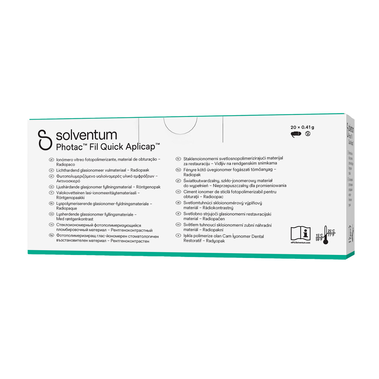 Solventum™ Photac™ Fil Quick Aplicap™ Light-Curing Glass Ionomer Dental Restorative, 61070, C4, capsule, 0.41 g, 20/PAC - Bottom, Right, In Packaging (9R1)