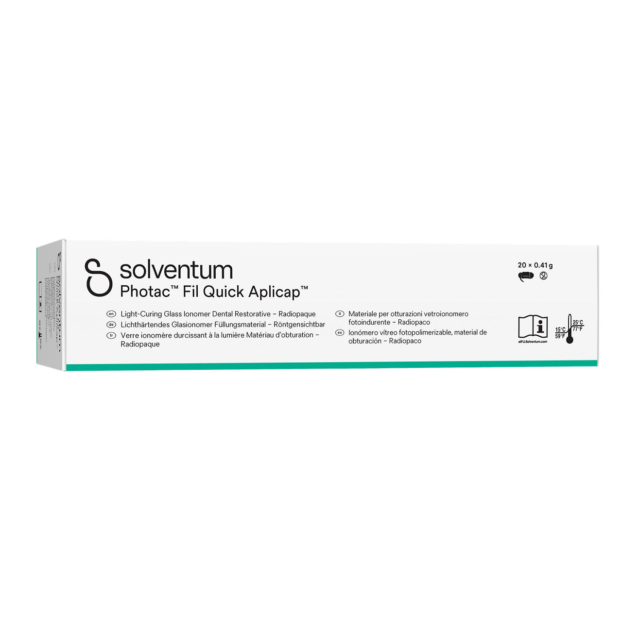 Solventum™ Photac™ Fil Quick Aplicap™ Light-Curing Glass Ionomer Dental Restorative, 61082, A2, capsule, 0.41 g, 20/PAC - Front, Left, In Packaging (1L1)