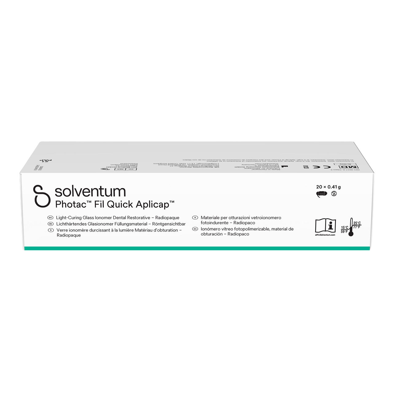 Solventum™ Photac™ Fil Quick Aplicap™ Light-Curing Glass Ionomer Dental Restorative, 61083, A3, capsule, 0.41 g, 20/PAC - Front, Center, In Packaging (1C1)