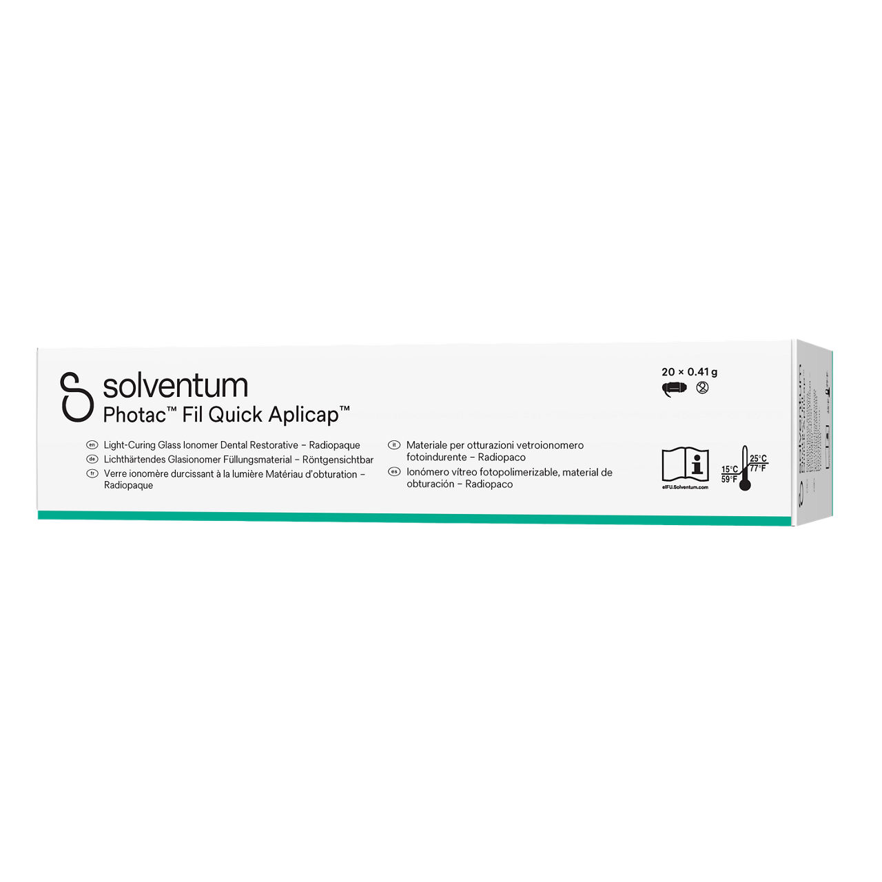 Solventum™ Photac™ Fil Quick Aplicap™ Light-Curing Glass Ionomer Dental Restorative, 61083, A3, capsule, 0.41 g, 20/PAC - Front, Right, In Packaging (1R1)