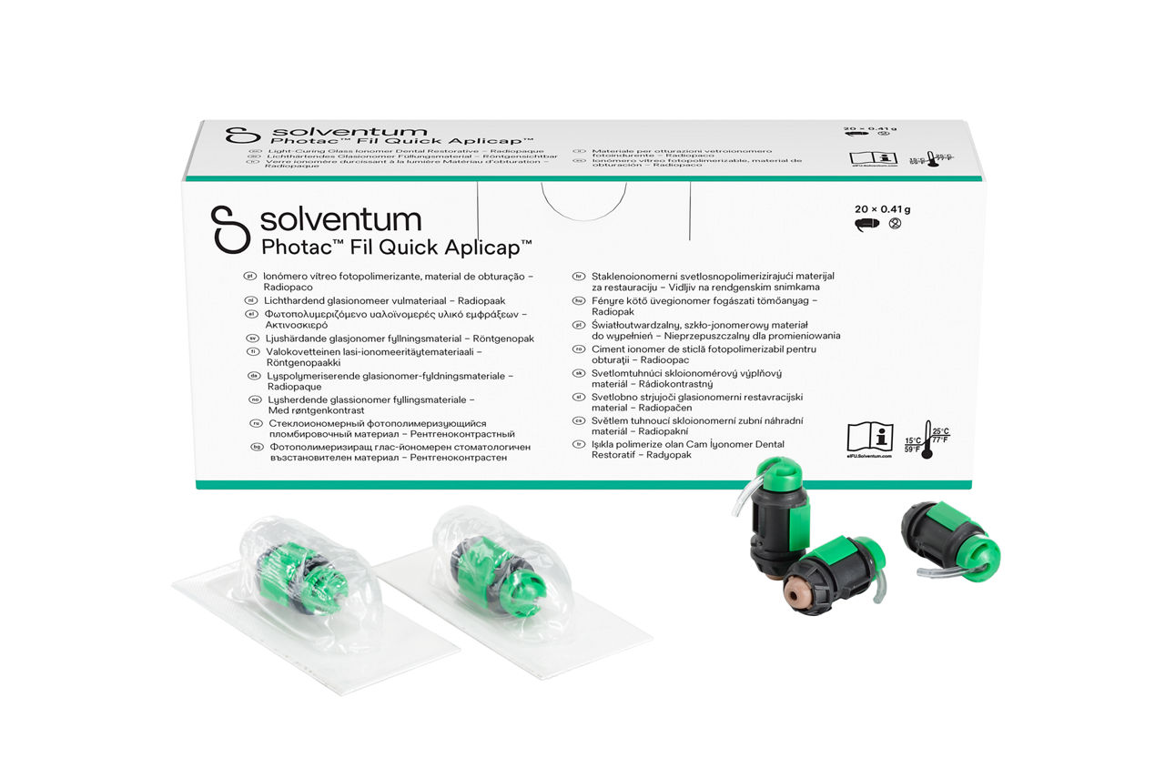 Solventum™ Photac™ Fil Quick Aplicap™ Light-Curing Glass Ionomer DentalRestorative, 61084, NP A3.5 -Top, Center, In and Out of Packaging (3C10)