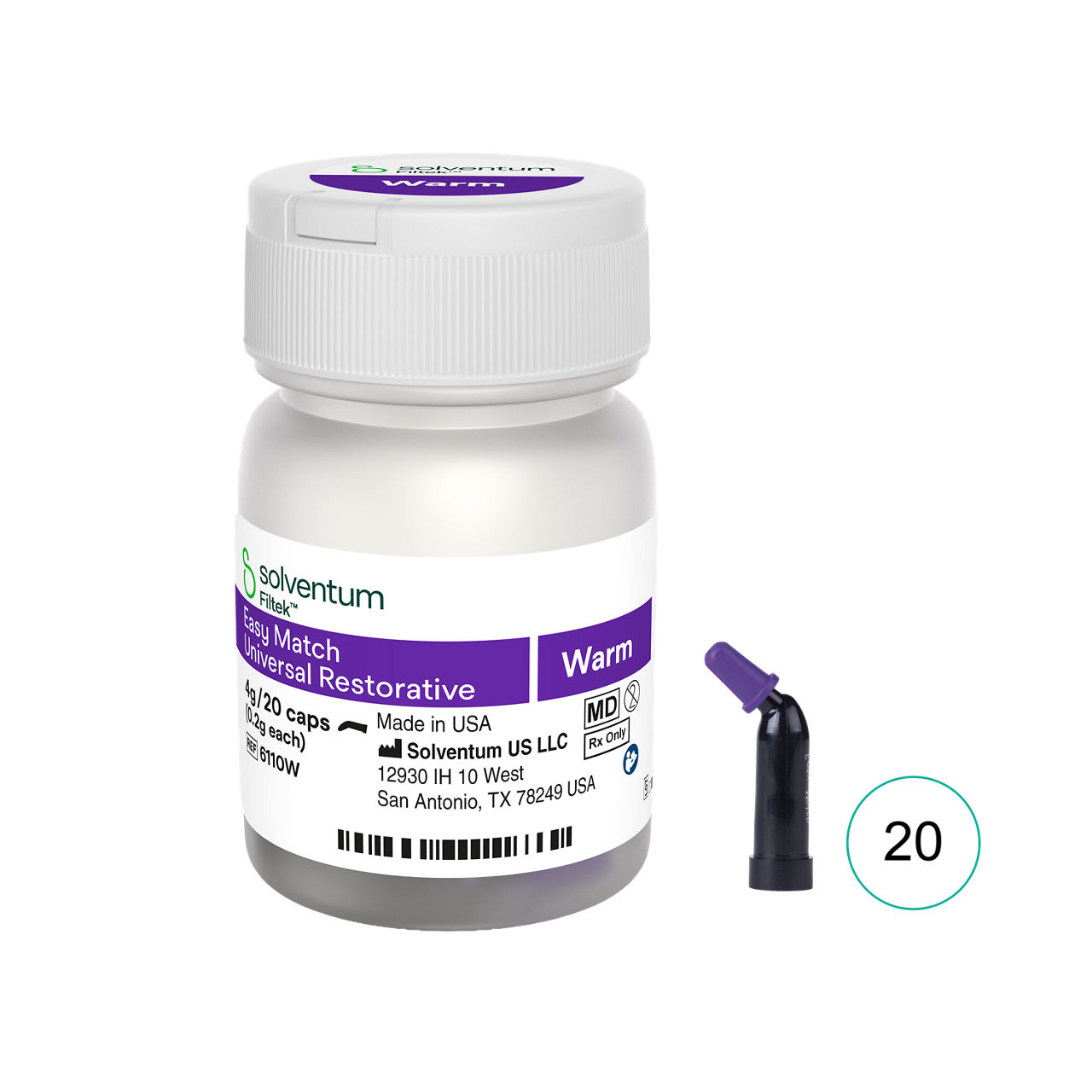 Solventum™ Filtek™ Easy Match Universal Restorative, 6110W, Warm, 0.2 g, Capsule, 20/BT - Front, Center, In and Out of Packaging (1C10)