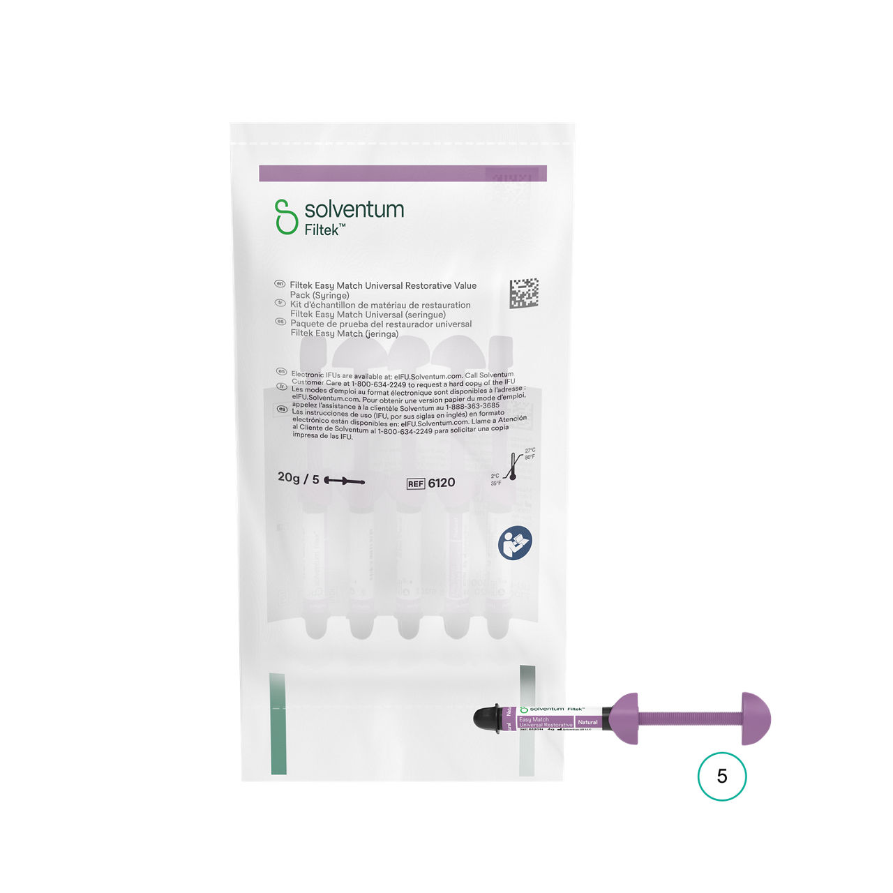 Solventum™ Filtek™ Easy Match Universal Restorative, 6120, Natural, 4 g, Syringe, 5/BAG, 10 BAG/CS - Front, Center, In and Out of Packaging (1C10)