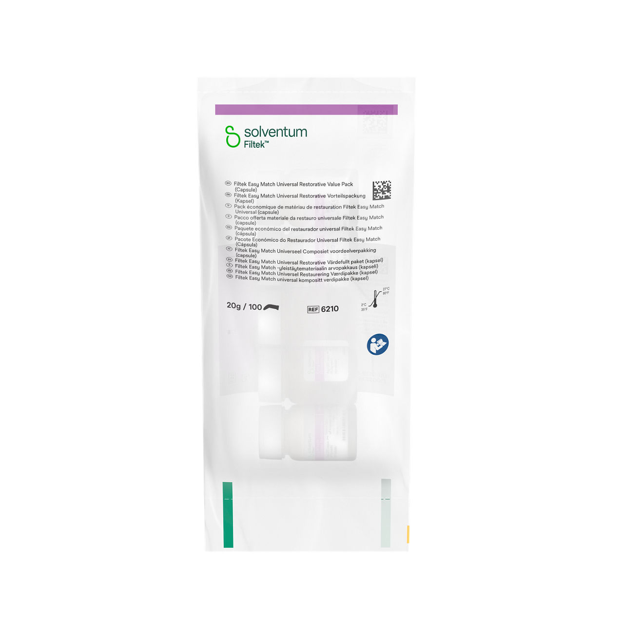 Solventum™ Filtek™ Easy Match Universal Restorative, 6210, Natural, 0.2 g, Capsule, 20/BT, 5 BT/BAG, 10 BAG/CS - Front, Center, In Packaging (1C1)