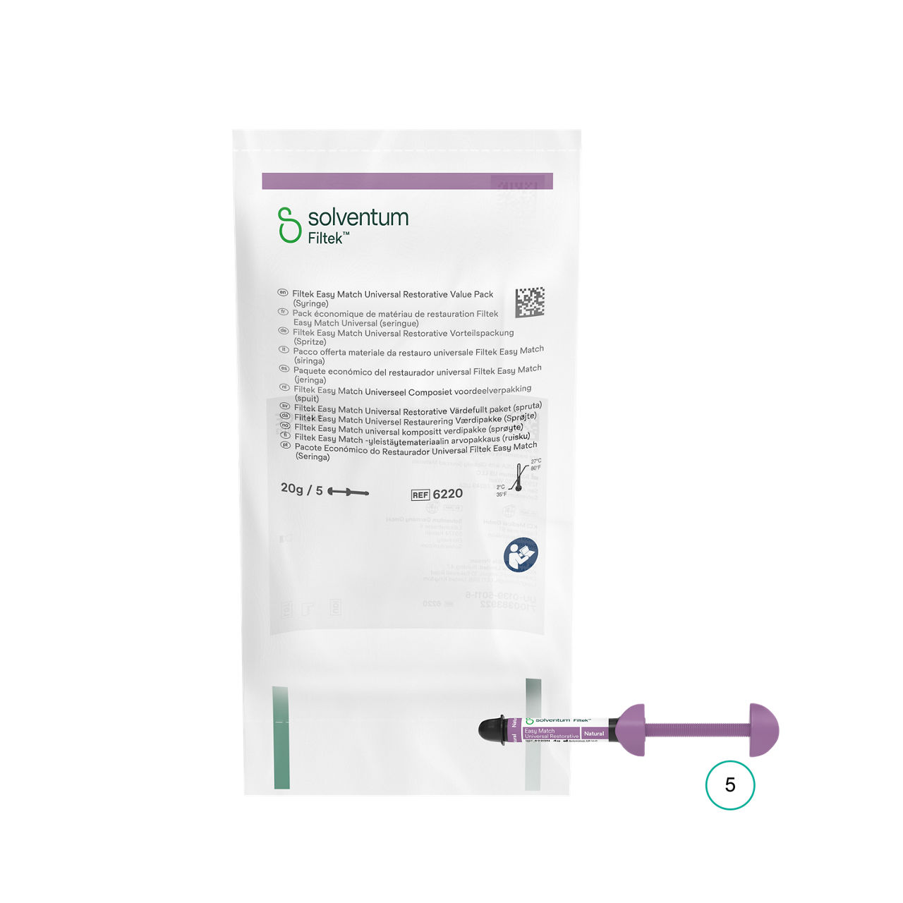 Solventum™ Filtek™ Easy Match Universal Restorative, 6220, Natural, 4 g, Syringe, 5/BAG, 10 BAG/CS - Front, Center, In and Out of Packaging (1C10)