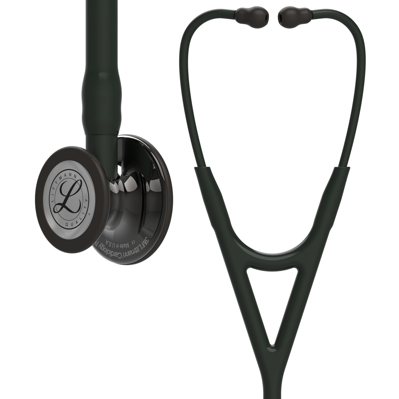 Stetoscopio diagnostico 3M™ Littmann® Cardiology IV™, connettore e testina con finitura altamente lucidata nerofumo, tubo auricolare nero, connettore e archetto nero, 69 cm, 6232