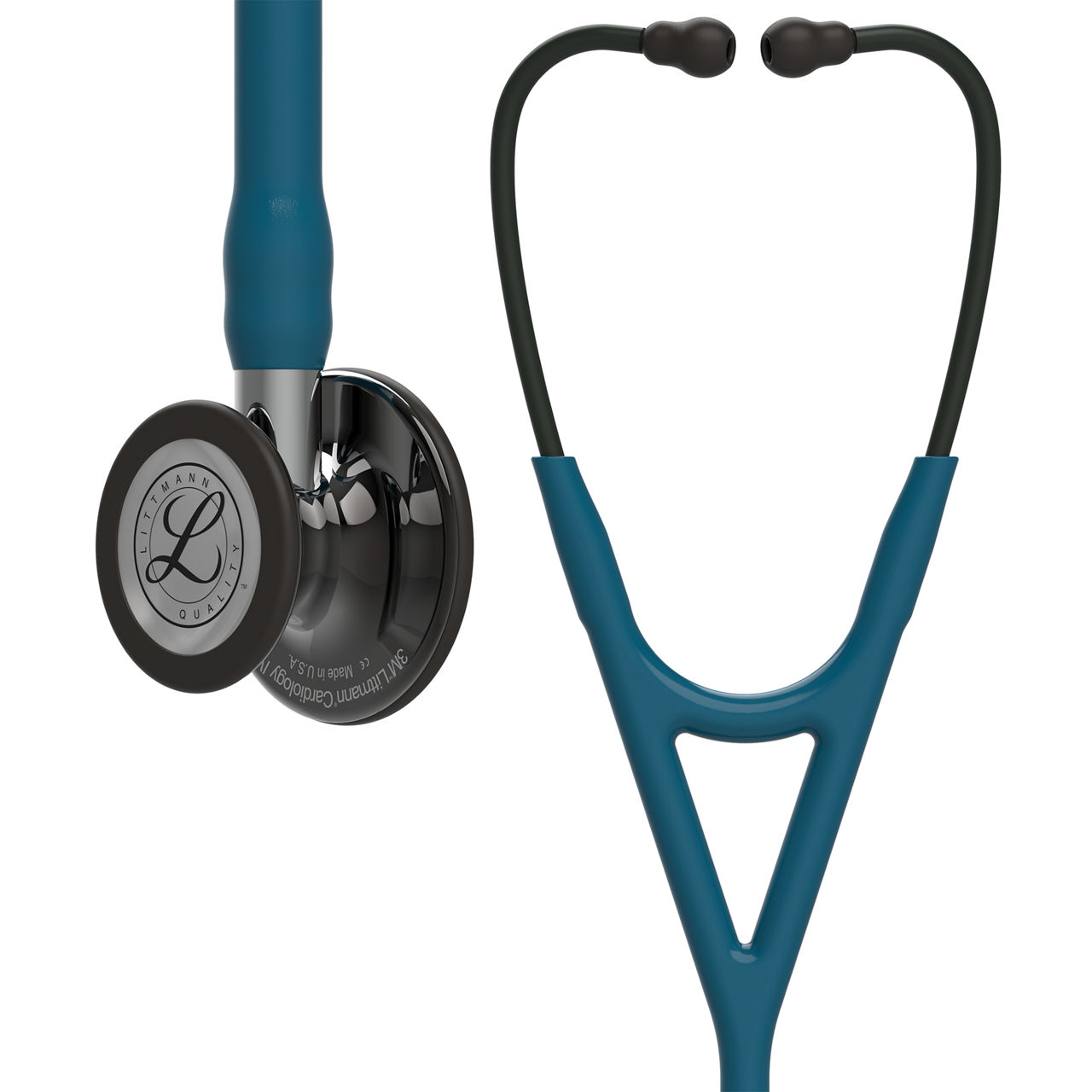 Stetoscopio diagnostico 3M™ Littmann® Cardiology IV™, testina con finitura altamente lucidata nerofumo, tubo auricolare blu caraibi, connettore con finitura a specchio e archetto nerofumo, 69 cm, 6234