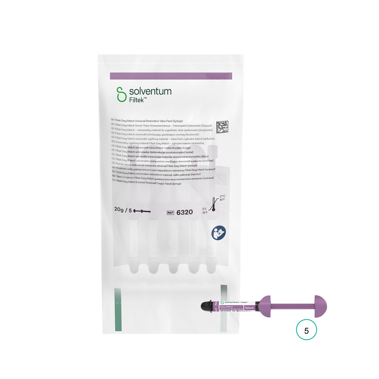 Solventum™ Filtek™ Easy Match Universal Restorative, 6320, Natural, 4 g, Syringe, 5/BAG, 10 BAG/CS - Front, Center, In and Out of Packaging (1C10)