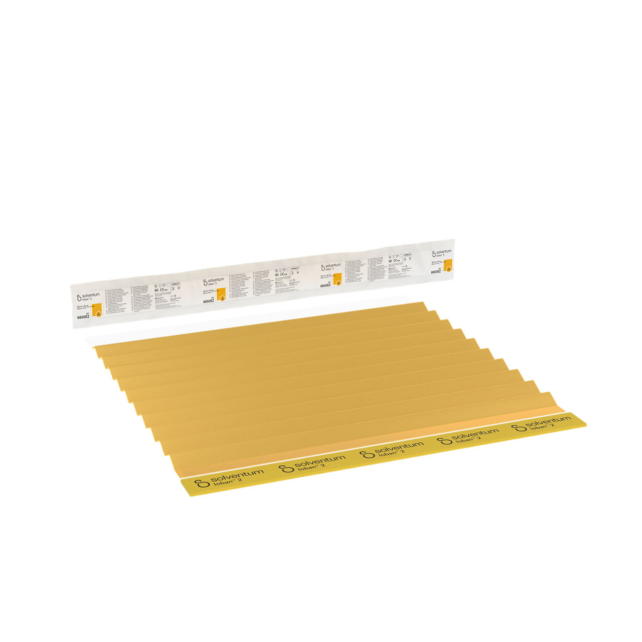 Solventum™ Ioban™ 2 Antimicrobial Incise Drape, 6650EZSB, 23.622 in x 17.717 in (60 cm x 45 cm), 100/CS - Front, Left, In and Out of Packaging (1L10)