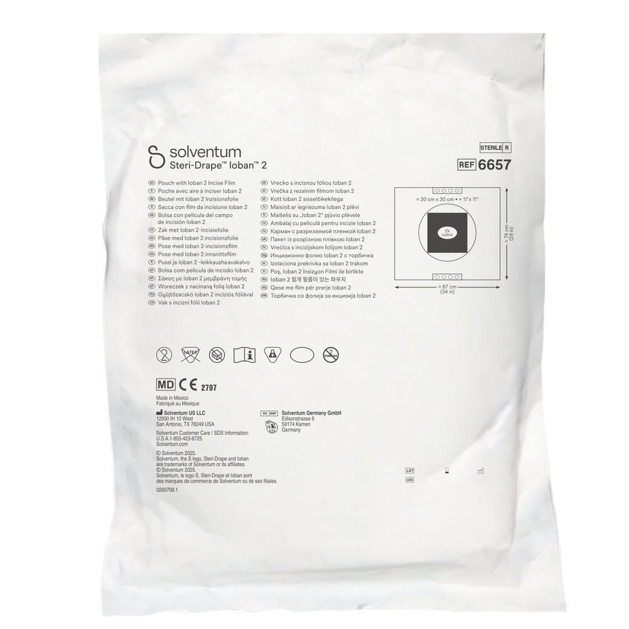 Solventum™ Steri-Drape™ Pouch with Ioban™ 2 Incise Film, 6657, Incise Area: 11 in x 11 in (30 cm x 30 cm), 10/CAR, 4 CAR/CS, 40/CS - Front, Center, Out of Packaging (1C0)