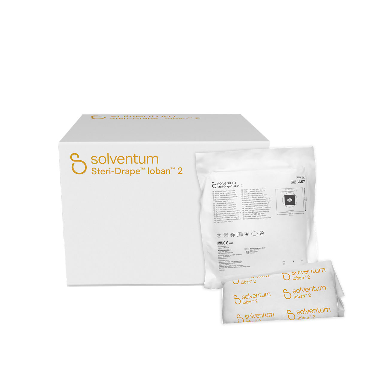 Solventum™ Steri-Drape™ Pouch with Ioban™ 2 Incise Film, 6657, Incise Area: 11 in x 11 in (30 cm x 30 cm), 10/CAR, 4 CAR/CS, 40/CS - Front, Center, In and Out of Packaging (1C10)