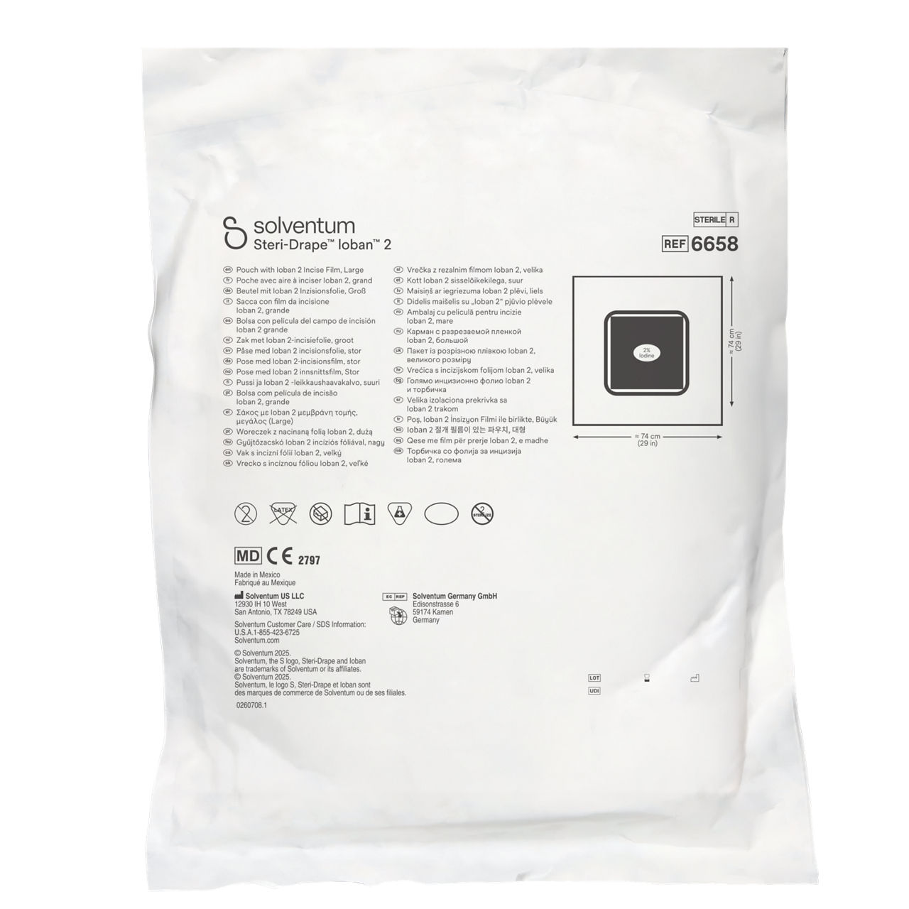 Solventum™ Steri-Drape™ Pouch with Ioban™ 2 Incise Film, 6658, 74 cm x 74 cm, 5/CAR, 4 CAR/CS. 20/CS - Front, Center, Out of Packaging (1C0)