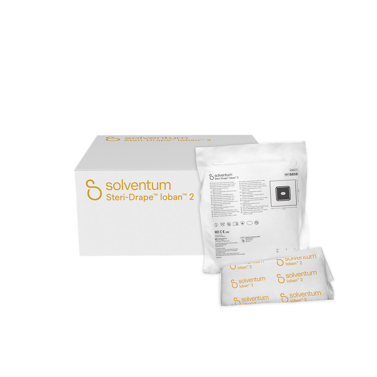 Solventum™ Steri-Drape™ Pouch with Ioban™ 2 Incise Film, 6658, 74 cm x 74 cm, 5/CAR, 4 CAR/CS. 20/CS - Front, Center, In and Out of Packaging (1C10)