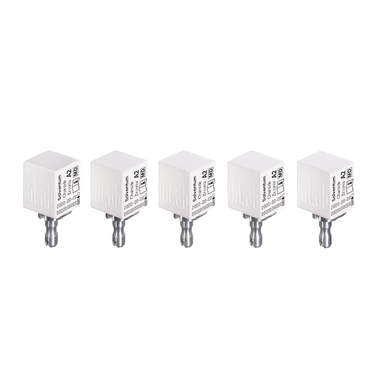 Solventum™ Chairside Zirconia, 69942, A2, Crown Block, 5/PAC - Front, Center, Out of Packaging (1C0)