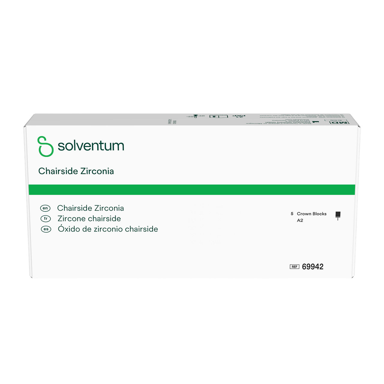 Solventum™ Chairside Zirconia, 69942, A2, Crown Block, 5/PAC - Front, Center, In Packaging (1C1)