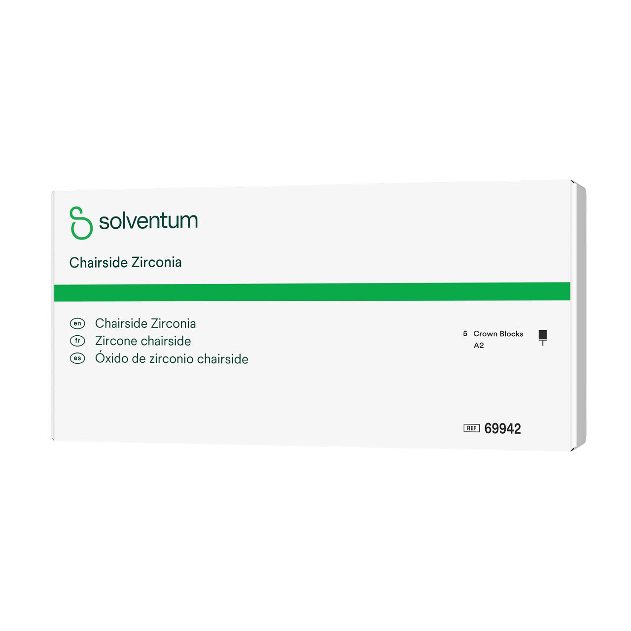 Solventum™ Chairside Zirconia, 69942, A2, Crown Block, 5/PAC - Front, Right, In Packaging (1R1)