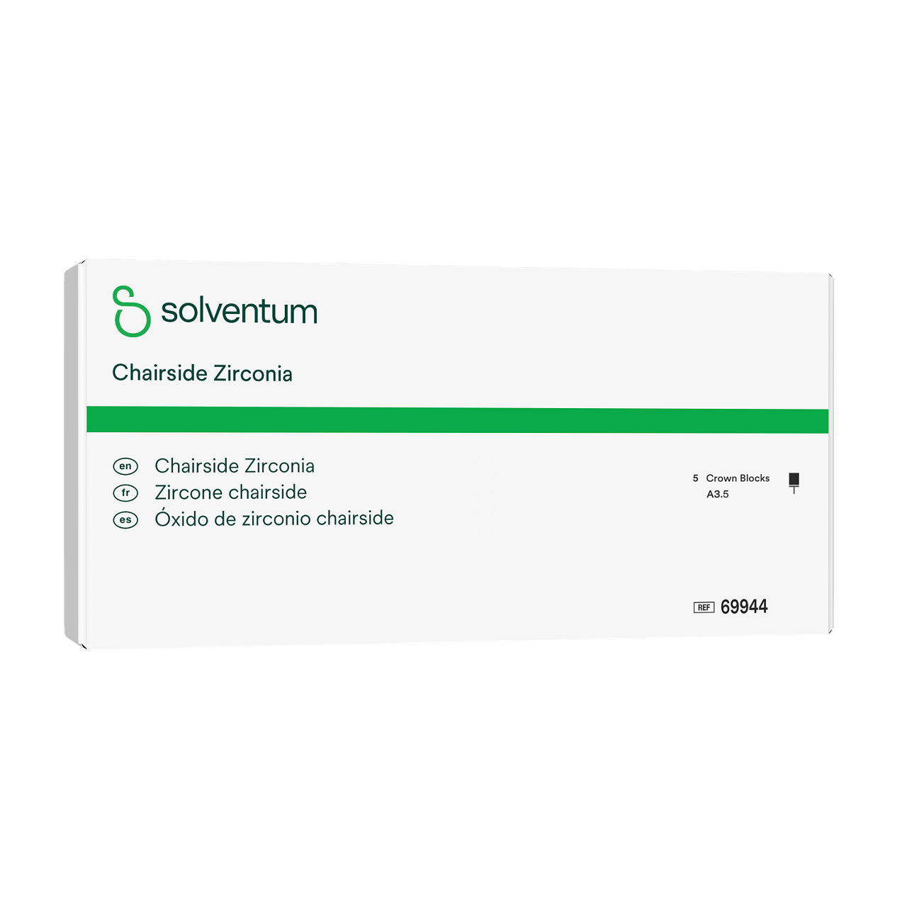 Solventum™ Chairside Zirconia, 69944, A3.5, 20 mm - Front, Left, In Packaging (1L1)
