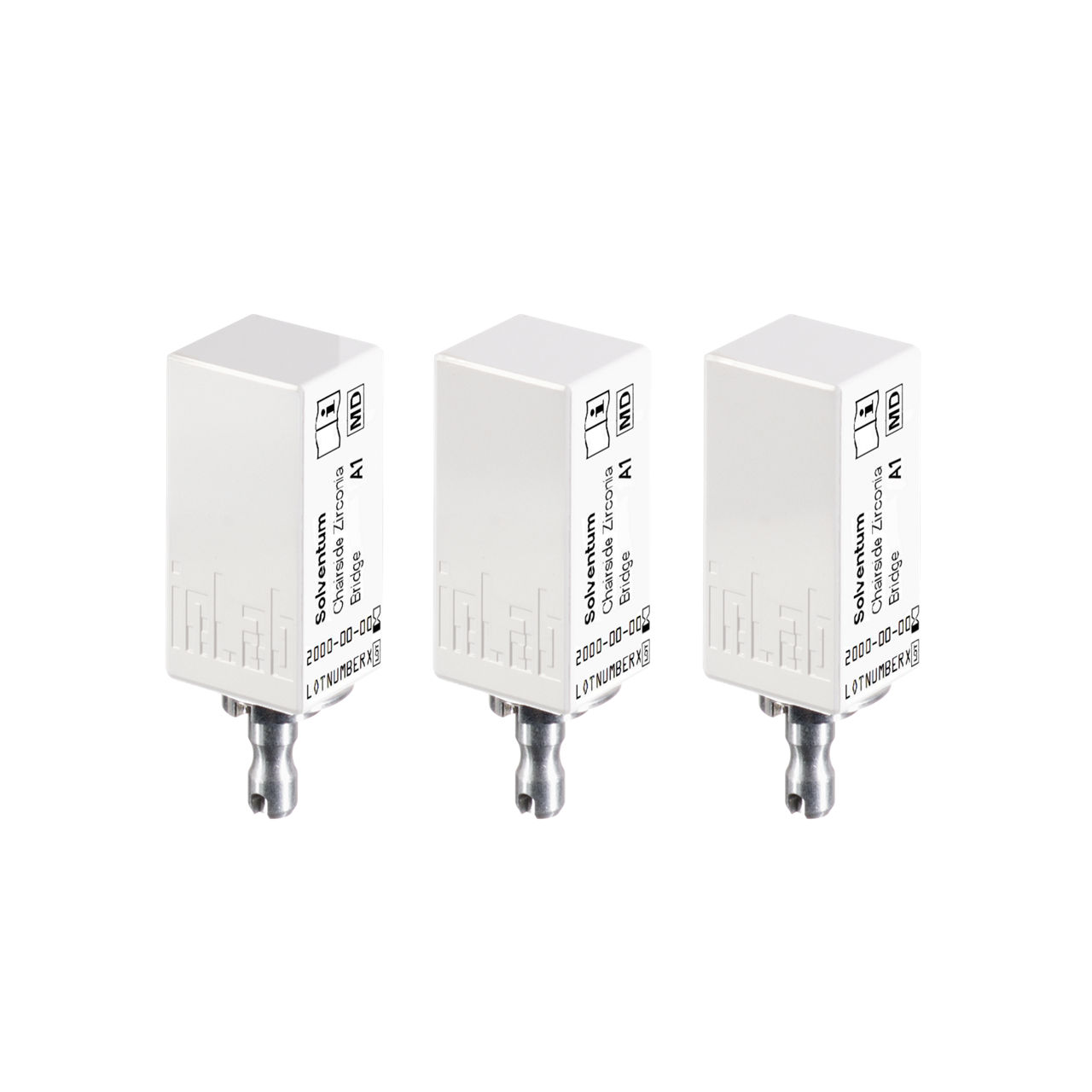 Solventum™ Chairside Zirconia, 69949, A1, Bridge Block, 3/PAC - Front, Center, Out of Packaging (1C0)