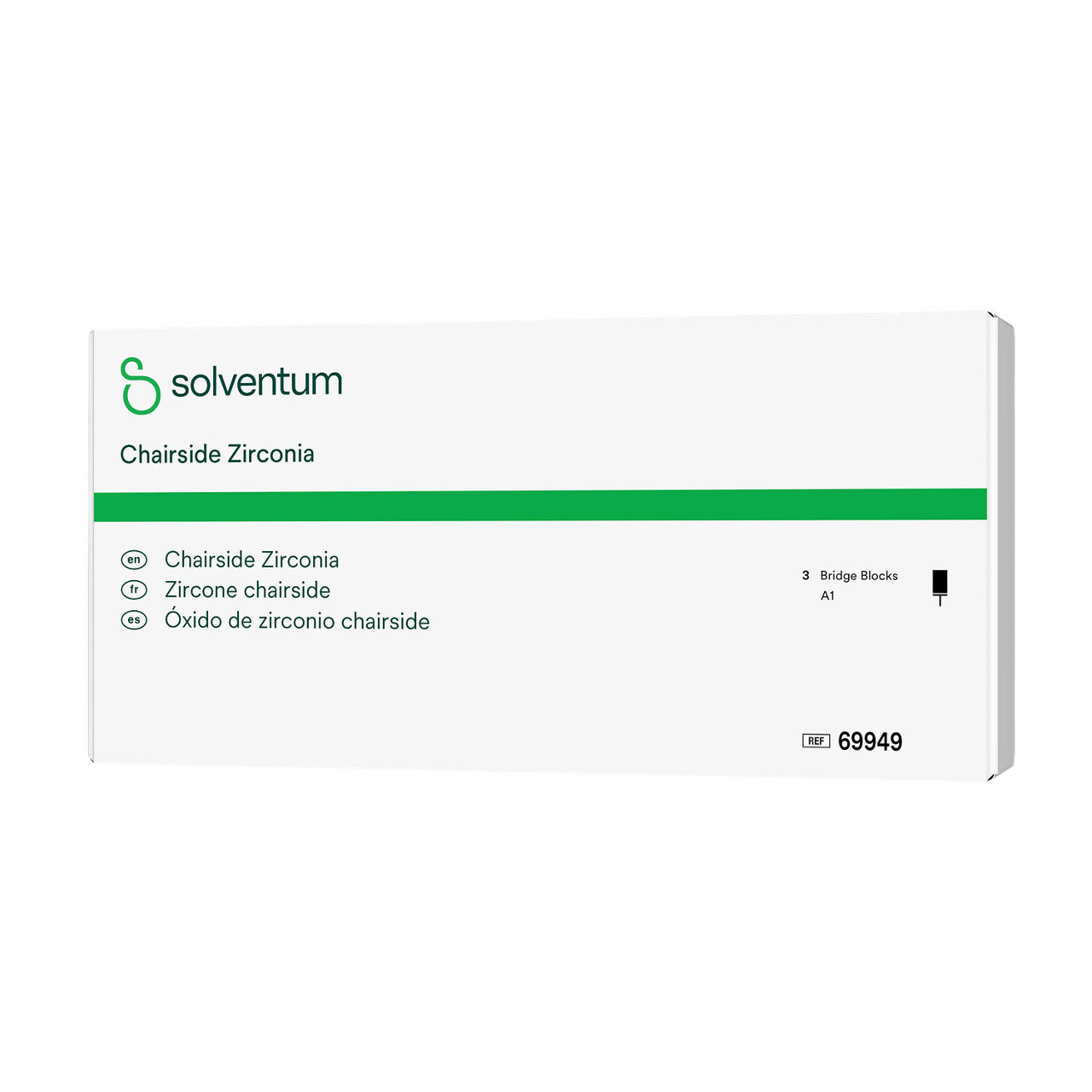 Solventum™ Chairside Zirconia, 69949, A1, Bridge Block, 3/PAC - Front, Right, In Packaging (1R1)