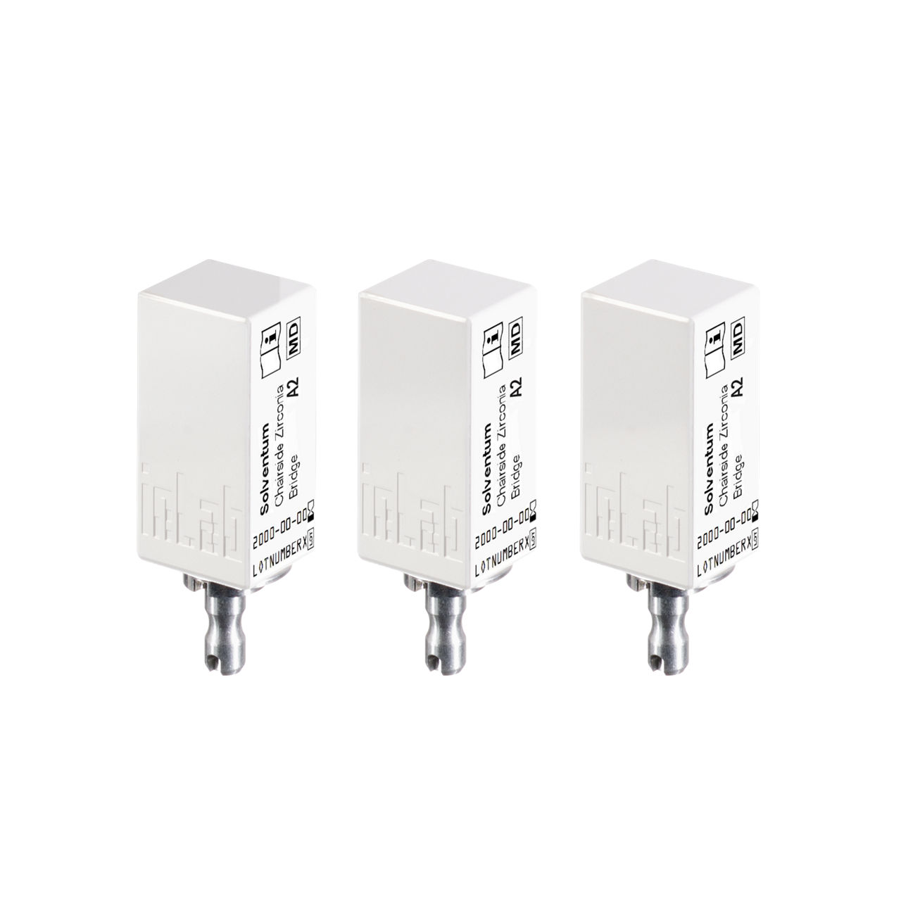 Solventum™ Chairside Zirconia, 69950, A2, Bridge Block, 3/PAC - Front, Center, Out of Packaging (1C0)