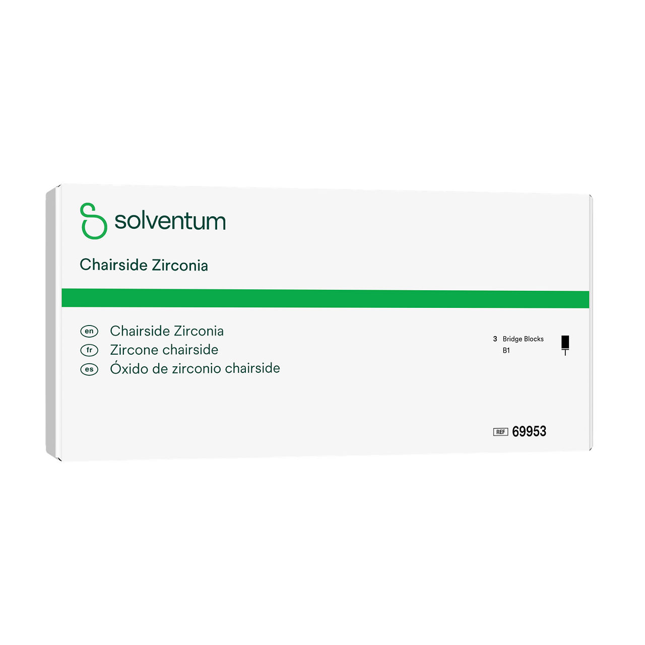 Solventum™ Chairside Zirconia, 69953, B1, Bridge Block, 3/PAC - Front, Left, In Packaging (1L1)