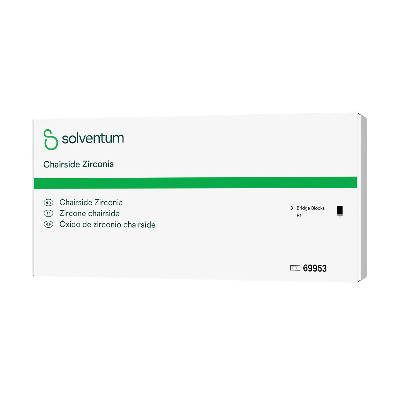 Solventum™ Chairside Zirconia, 69953, B1, Bridge Block, 3/PAC - Front, Right, In Packaging (1R1)