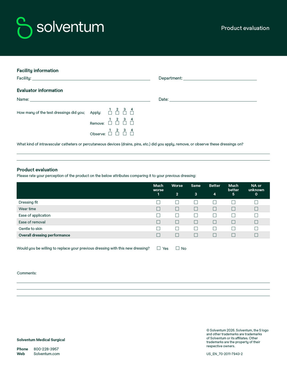 Tegaderm™ IV Care Dressings Customizable Evaluation Form