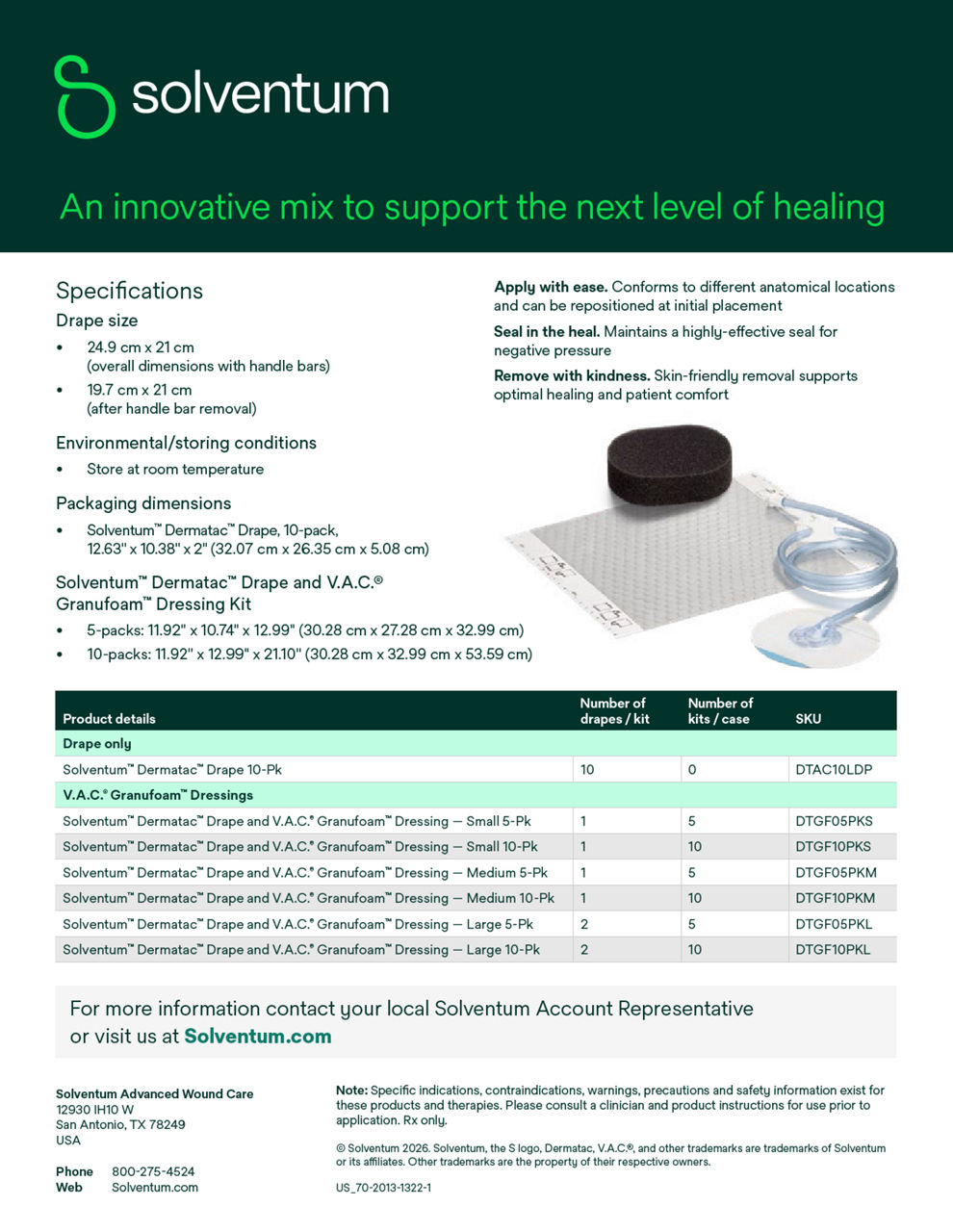 Solventum™ Dermatac™ Drape and V.A.C.® Granufoam™ Dressing Kit OOH Spec Sheet