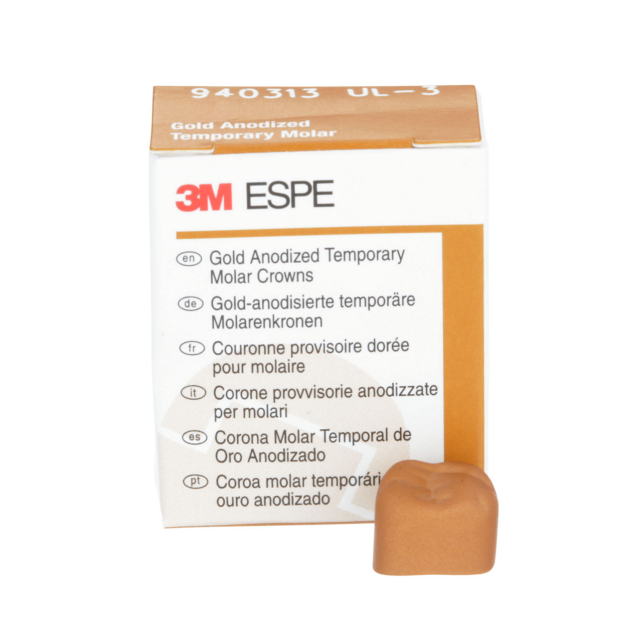 3M™ Gold Anodized Temporary Molar Crowns, 940313, Upper Left FirstMolar, Size 3, 5 Crowns