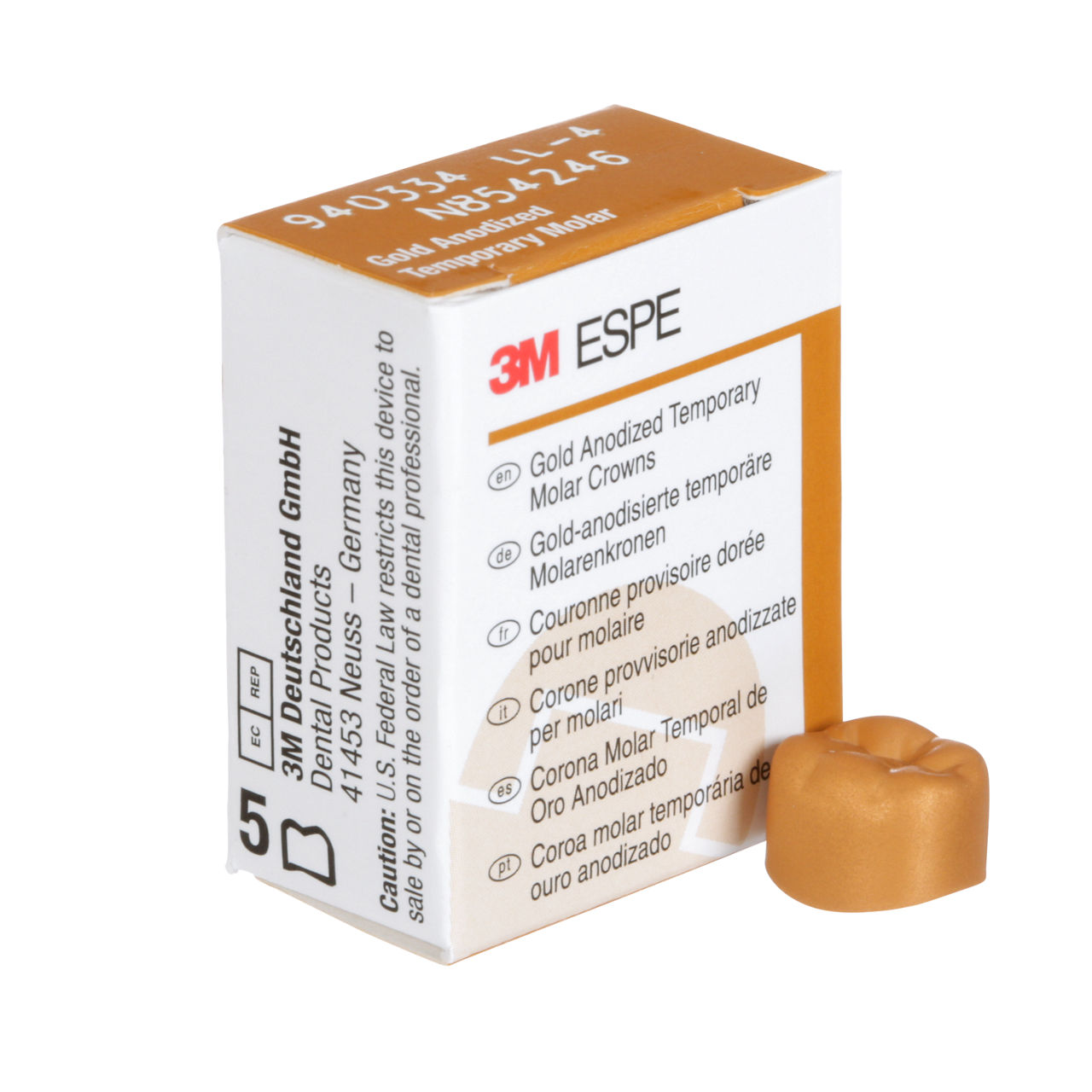 3M ESPE Gold Anodized Temporary Molar Crown, 940334, first molar, lower left, #4