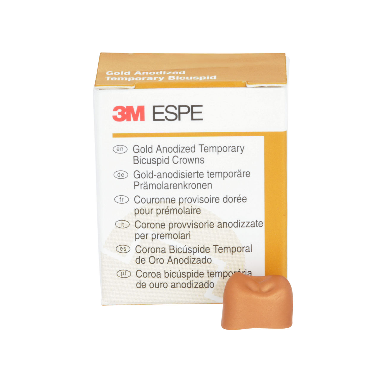 3M™ Gold Anodized Temporary Bicuspid Crowns, 940525, Upper Right FirstBicuspid, Size 5, 5 Crowns