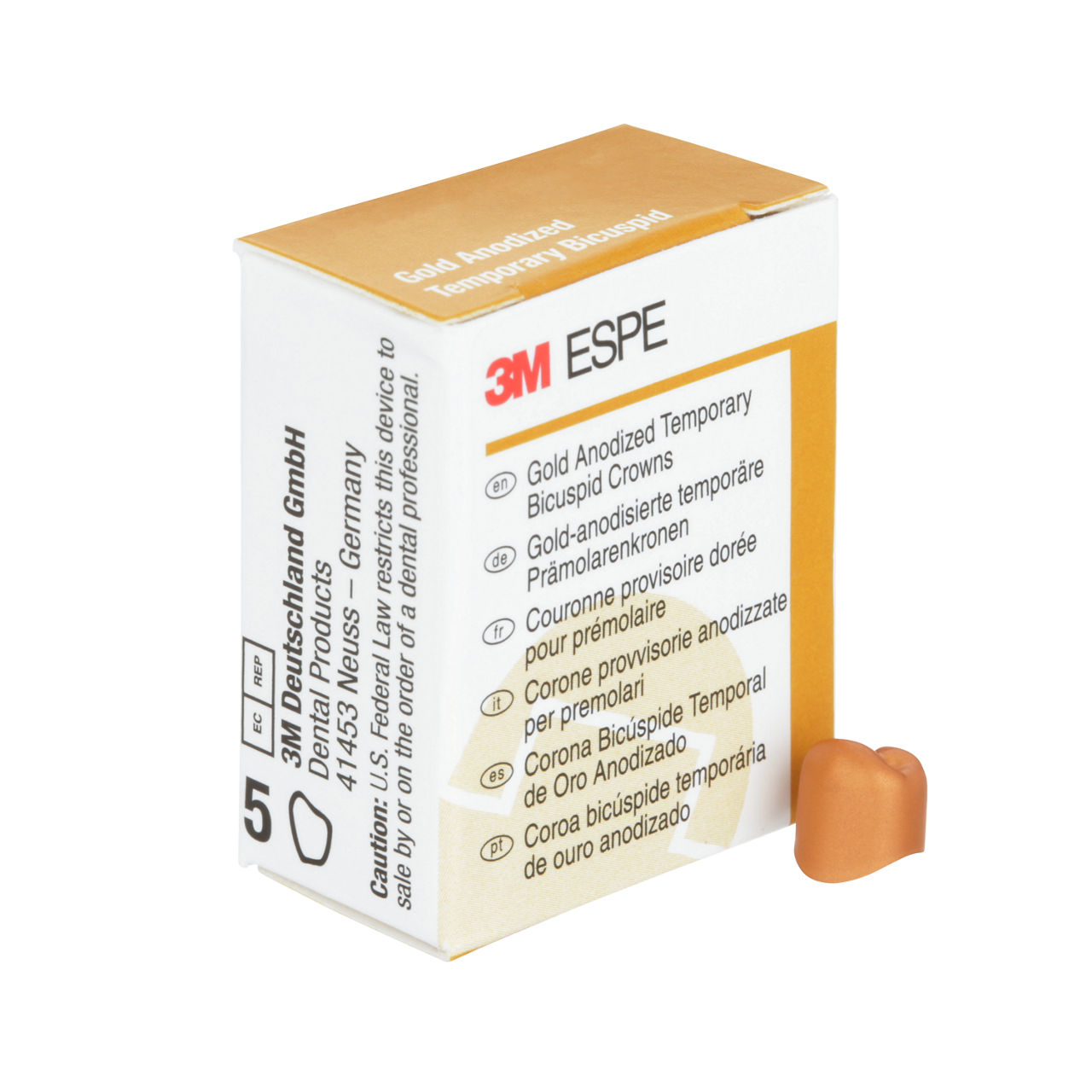 3M ESPE Gold Anodized Temporary Bicuspid Crown, 940542, first bicuspid, lower right, #2