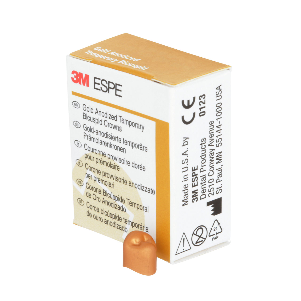 3M ESPE Gold Anodized Temporary Bicuspid Crown, 940542, first bicuspid, lower right, #2