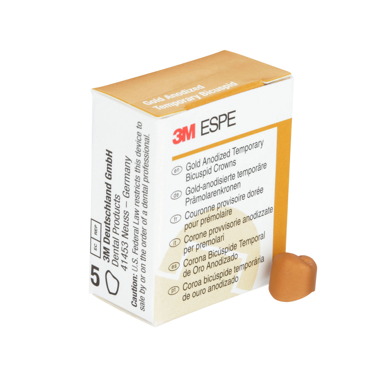 3M ESPE Gold Anodized Temporary Bicuspid Crown, 940543, first bicuspid, lower right, #3