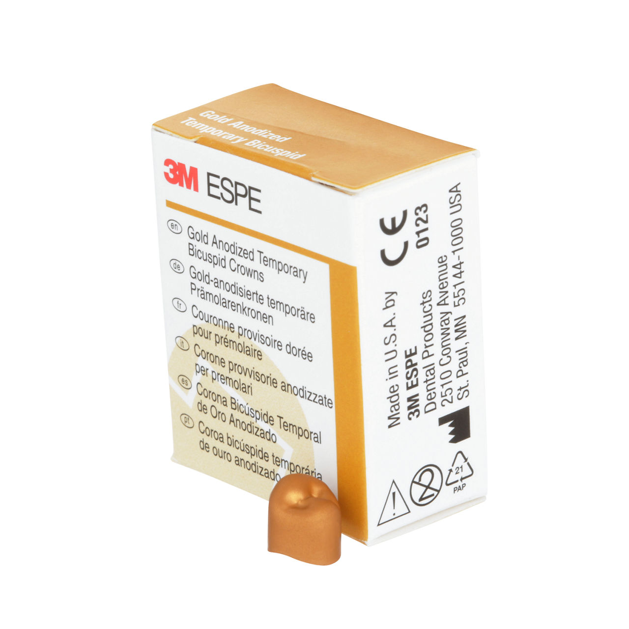 3M ESPE Gold Anodized Temporary Bicuspid Crown, 940543, first bicuspid, lower right, #3