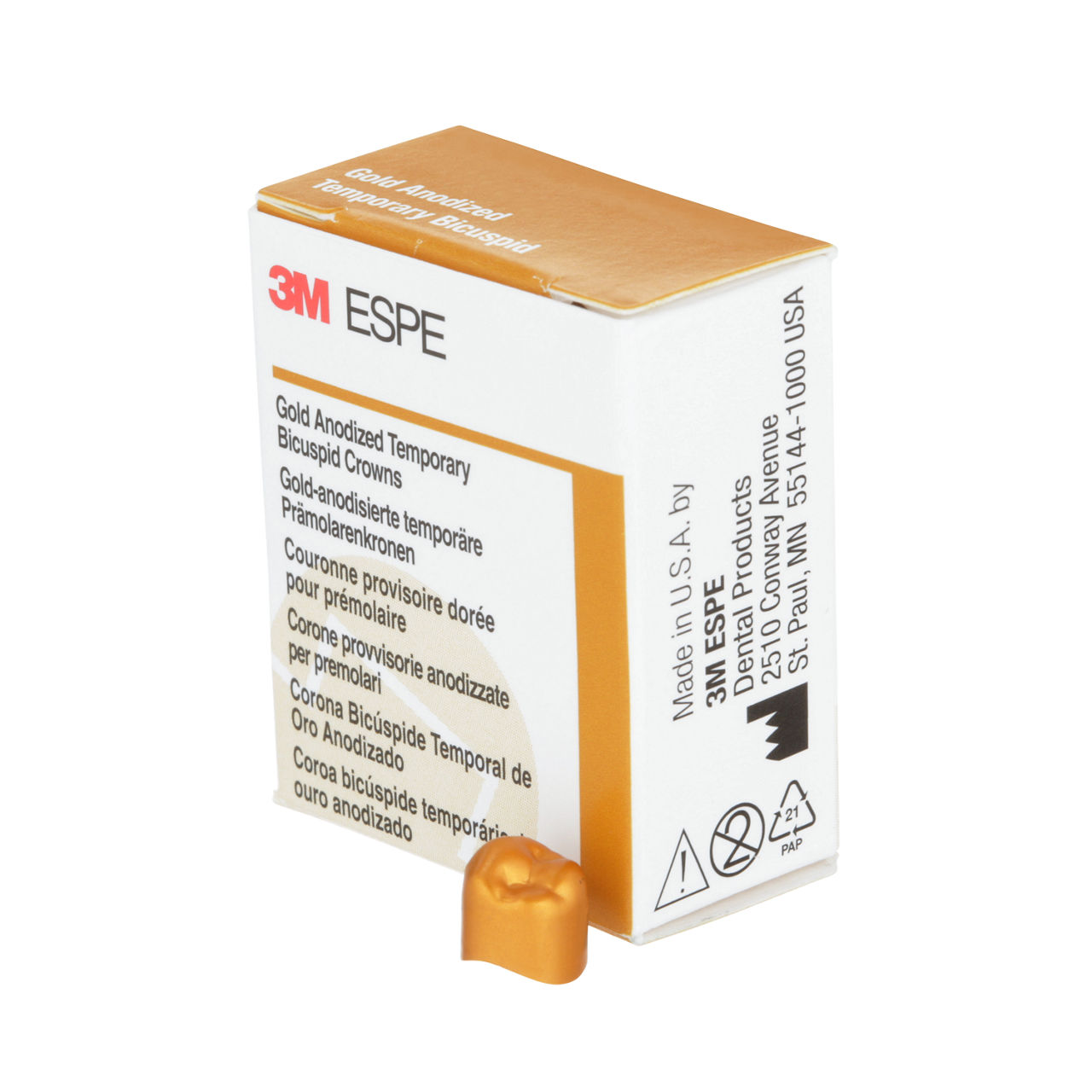 3M ESPE Gold Anodized Temporary Bicuspid Crown, 940640, second bicuspid, lower right, #0