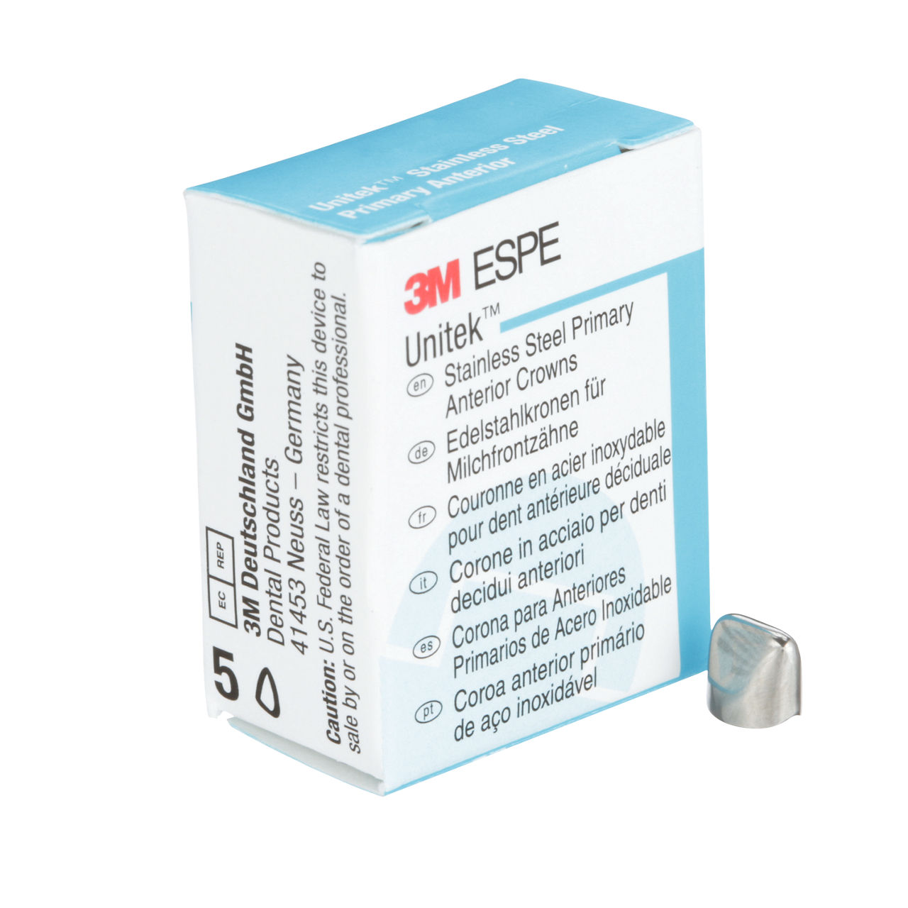 3M ESPE Unitek Stainless Steel Primary Anterior Crown, 907013, upper right central, size 3