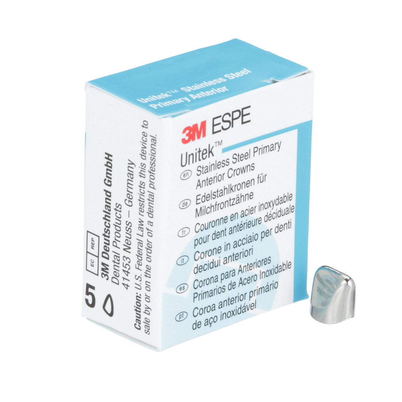3M ESPE Unitek Stainless Steel Primary Anterior Crown, 907015, upper right central, size 5