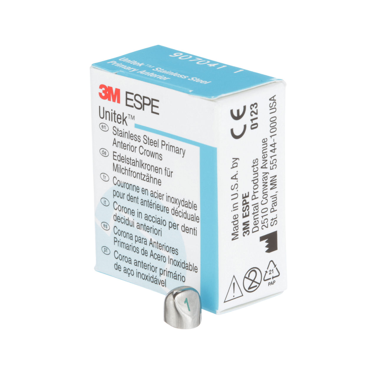 3M Unitek SS Prmry Antrr Crwn, Upr Cuspid, Size 1 (5/bx), 907041