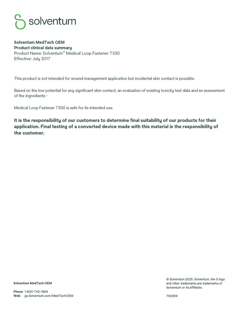 Solventum™ Medical Loop Fastener 7330, Clinical Data Summary