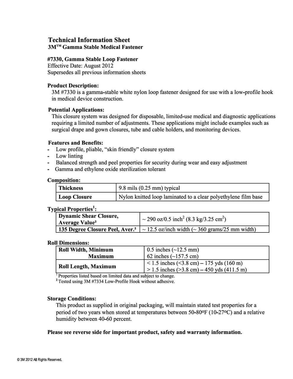 3M™ Medical Loop Fastener 7330, Technical Information Sheet