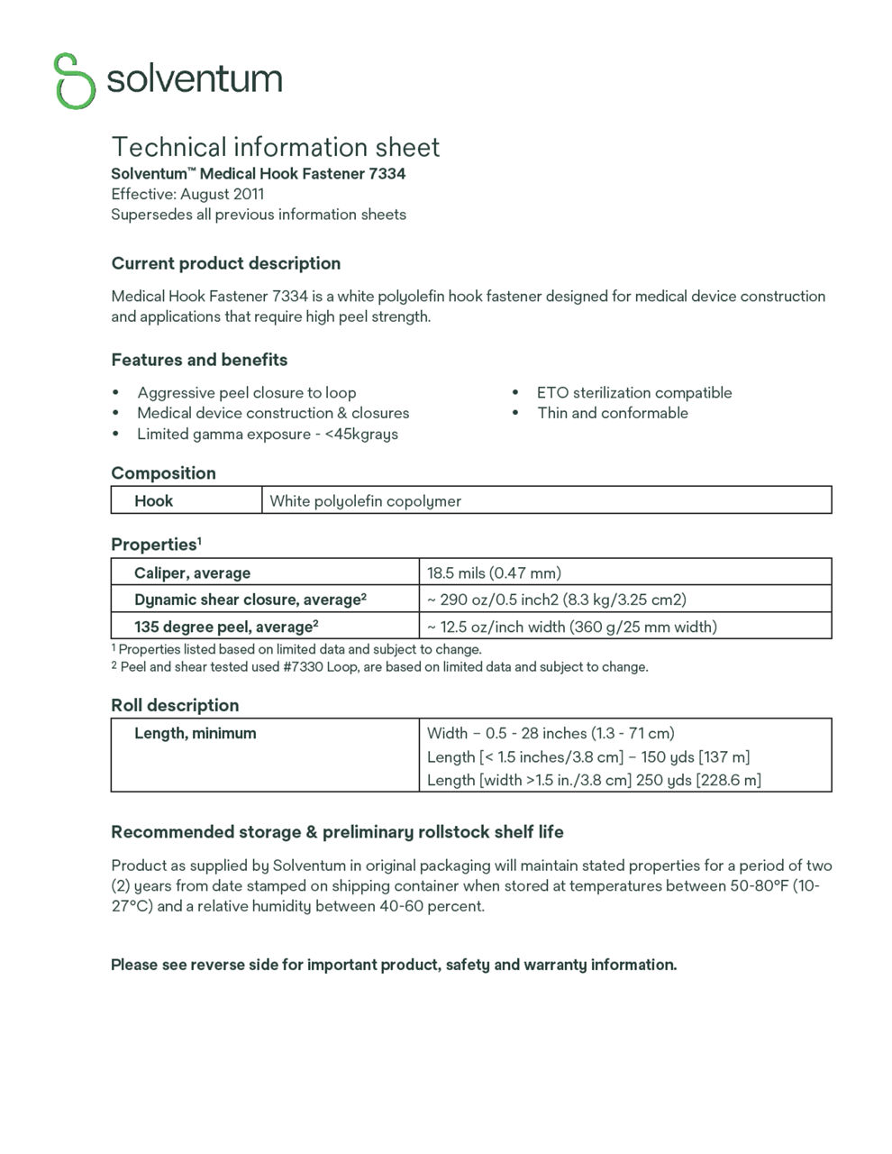 Solventum™ Medical Hook Fastener 7334 Technical Information Sheet