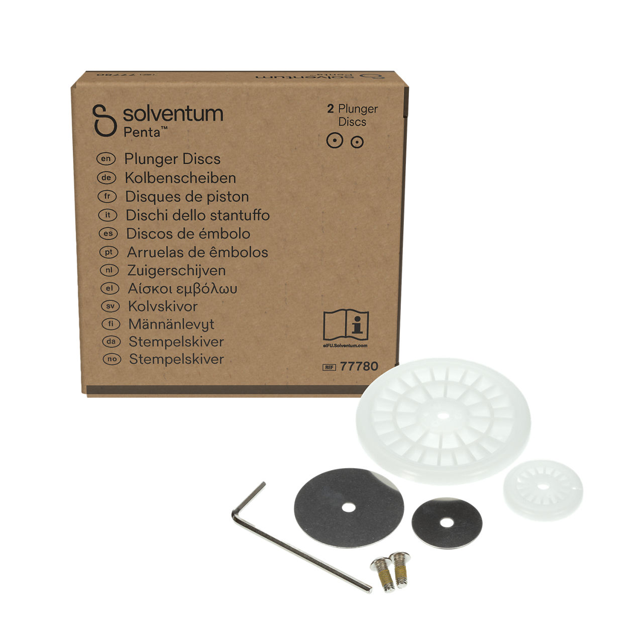 Solventum™ Penta™ Plunger Discs, 77780 - Front, Center, In and Out of Packaging (1C10)