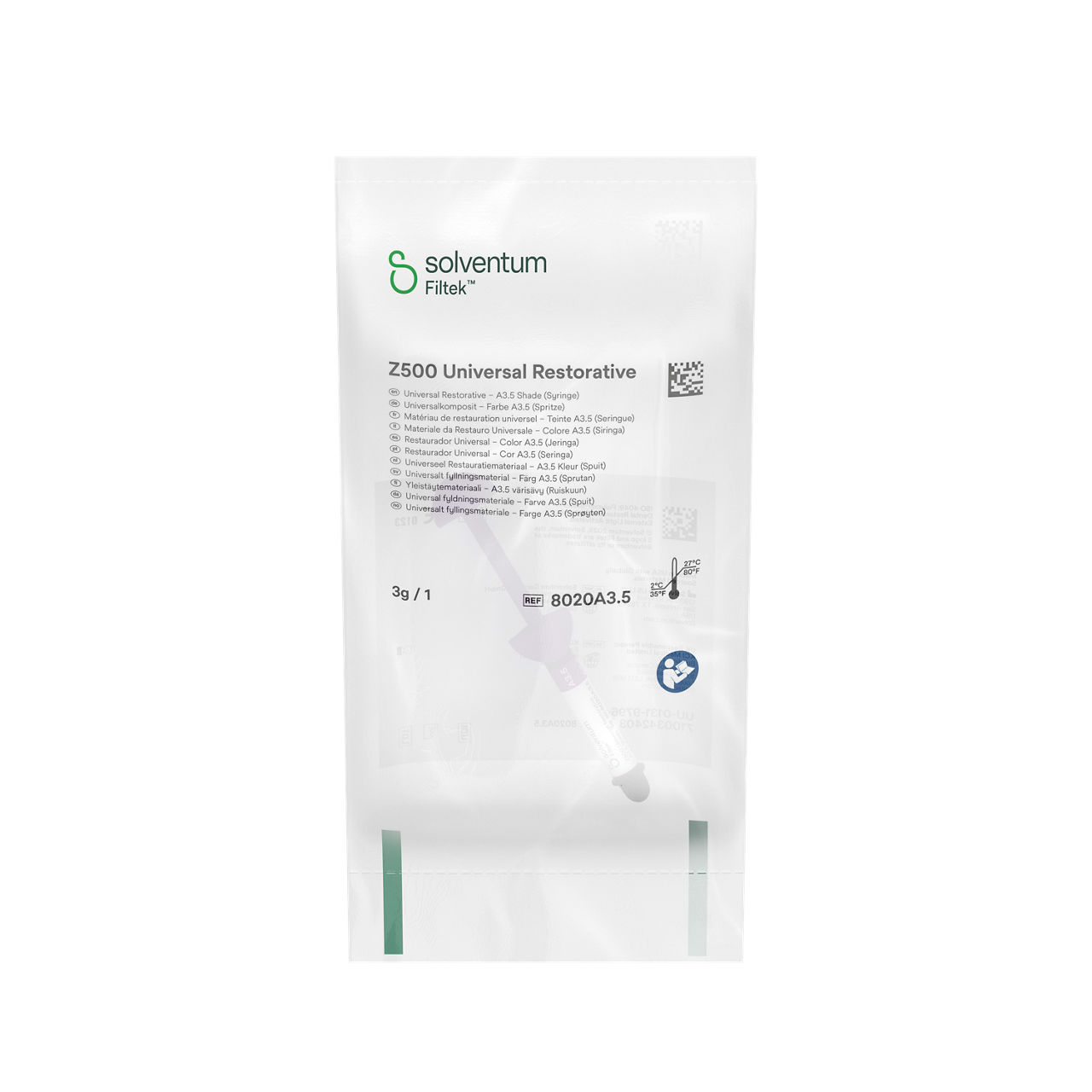 Solventum™ Filtek™ Z500 Universal Restorative, 8020A3.5, A3.5, 3 g, Syringe - Front, Center, In Packaging (1C1)