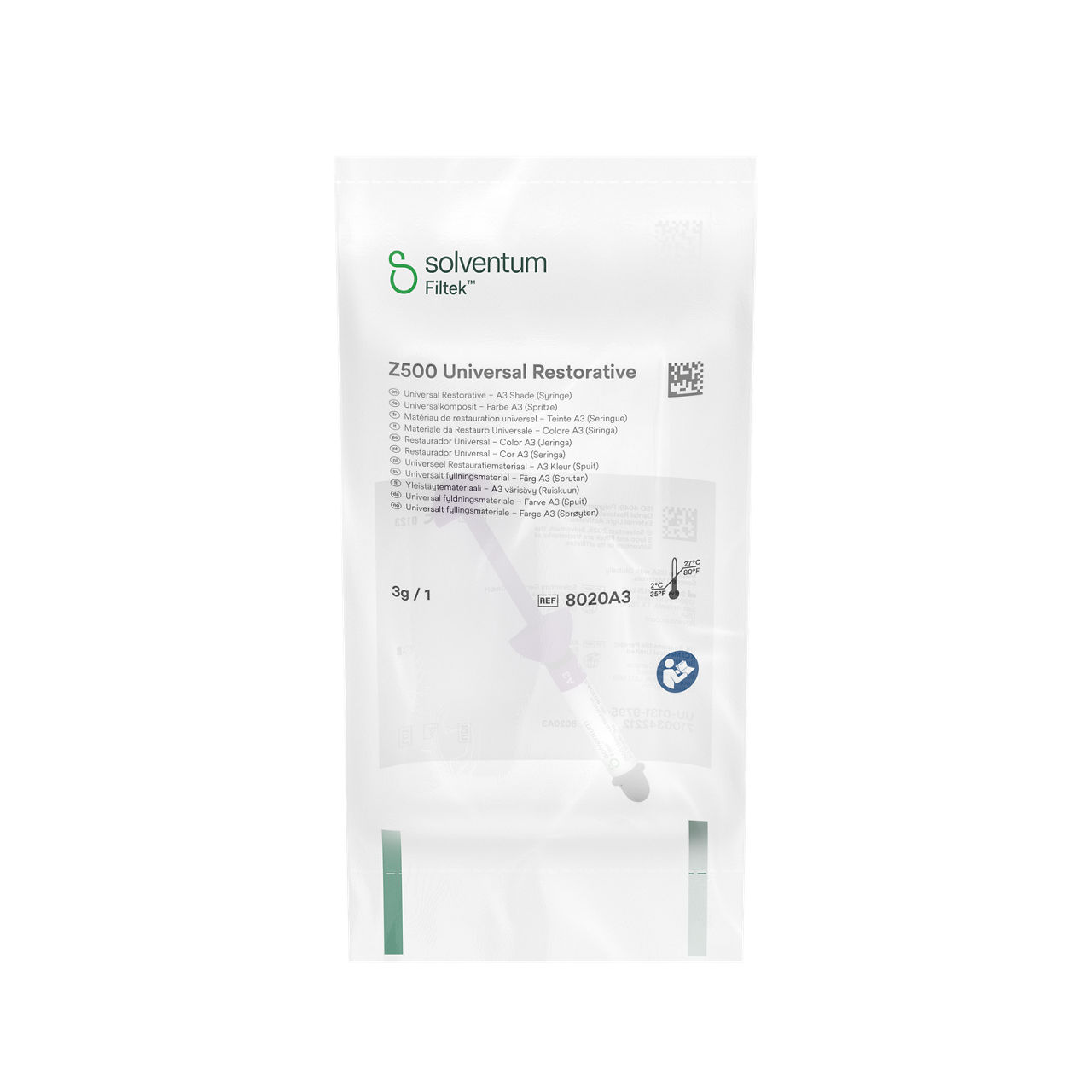 Solventum™ Filtek™ Z500 Universal Restorative, 8020A3, A3, 3 g, Syringe - Front, Center, In Packaging (1C1)