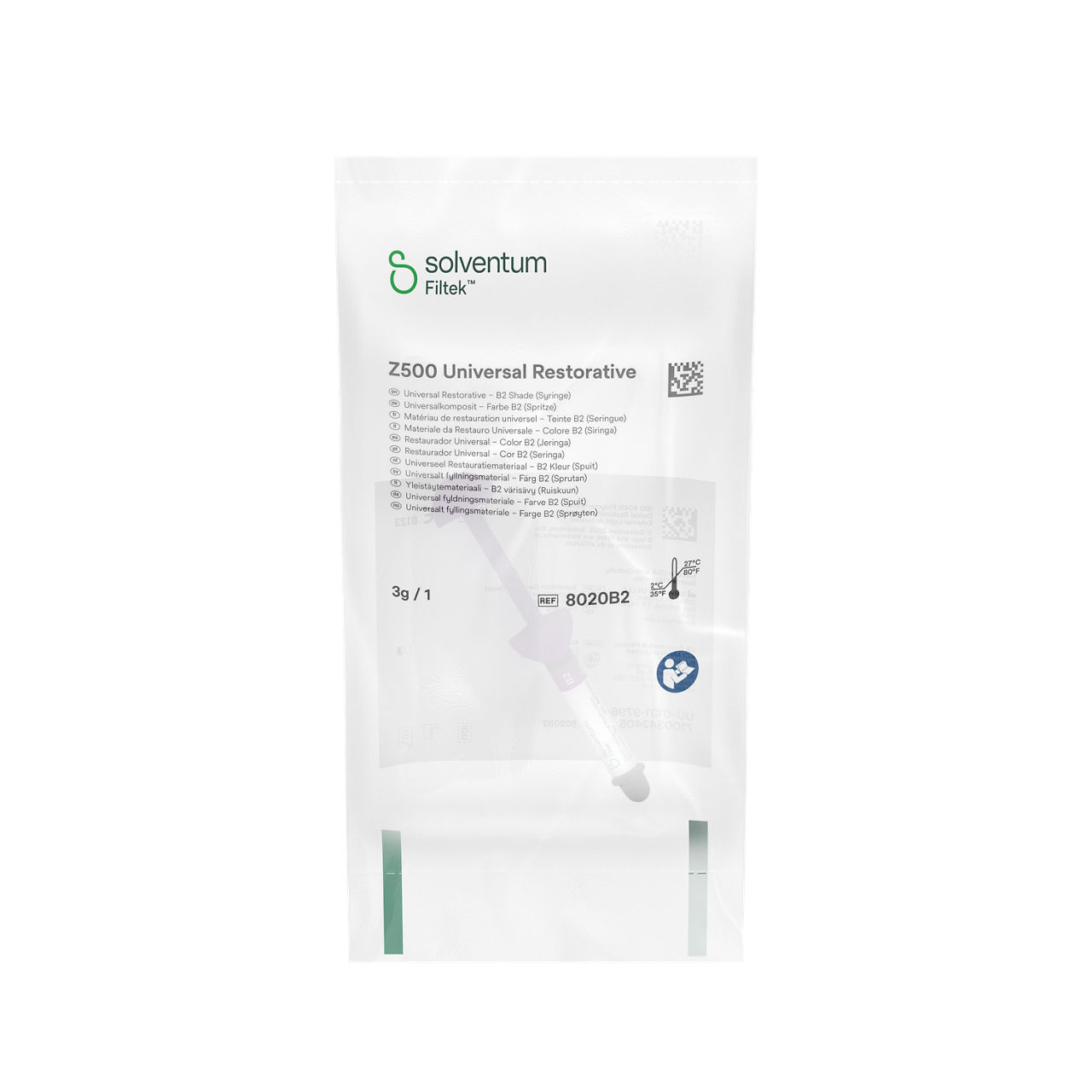 Solventum™ Filtek™ Z500 Universal Restorative, 8020B2, B2, 3 g, Syringe - Front, Center, In Packaging (1C1)