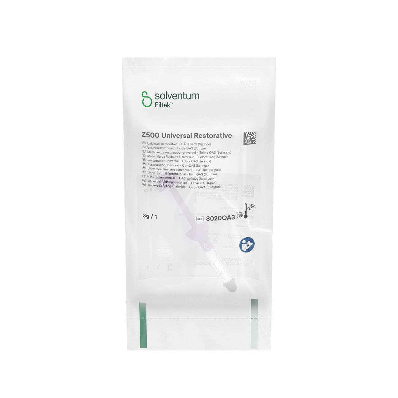 Solventum™ Filtek™ Z500 Universal Restorative, 8020OA3, OA3, 3 g, Syringe - Front, Center, In Packaging (1C1)