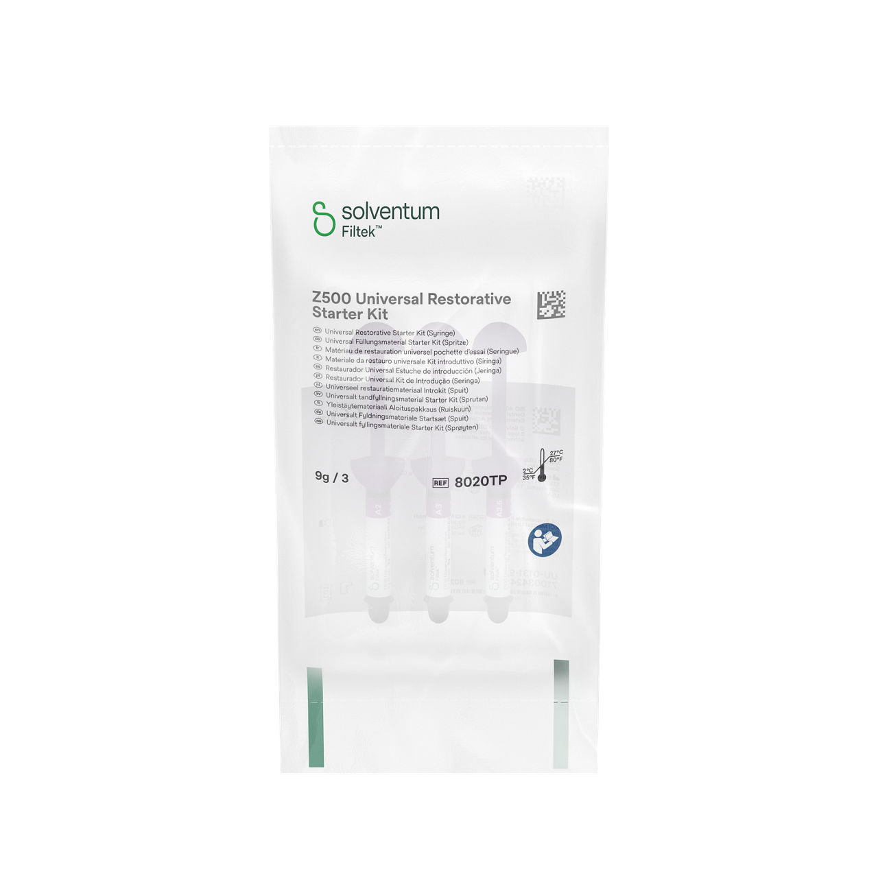 Solventum™ Filtek™ Z500 Universal Restorative Starter Kit, 8020TP, Syringe, Trial Pack , 3 g - Front, Center, In Packaging (1C1)